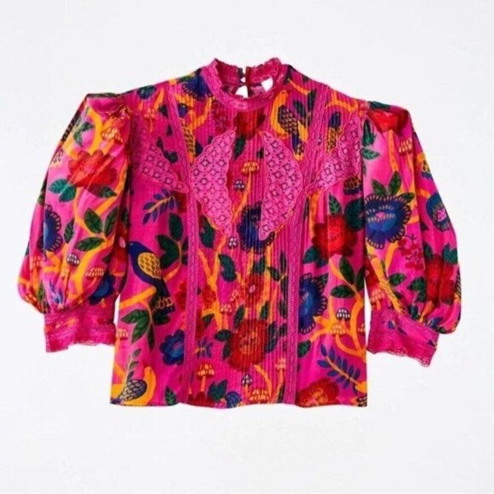 Farm Rio Blouse S Pink Sweet Forest Lace Tropical Floral High Neck Pin - Picture 7 of 15
